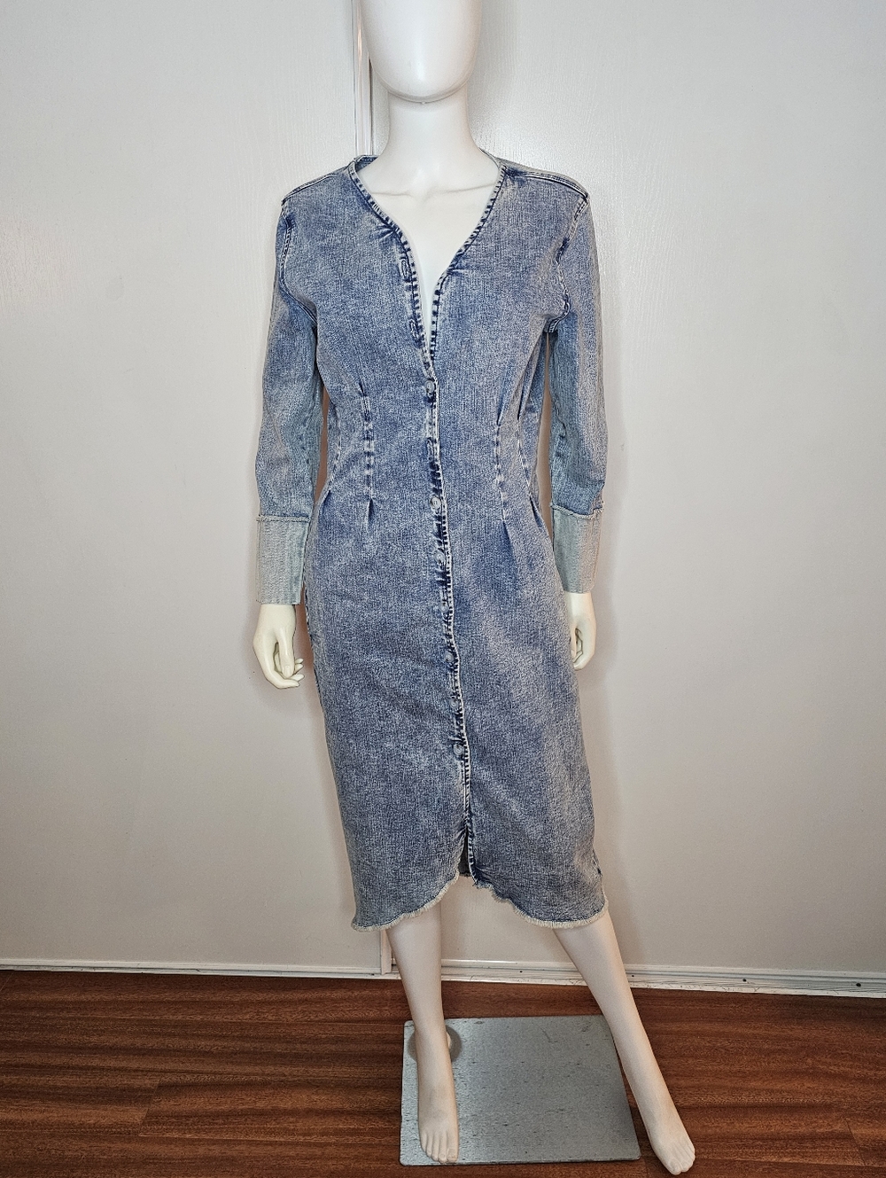 VTG Wash Lab Denim-Effect Long Sleeve Midi Dress - Hannah Blue Size M 96% Cotton - Picture 9 of 14